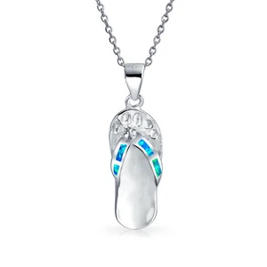 Nautical Blue Opal Flip Flop Pendant Necklace Sterling Silver October Birthstone - Picture 1 of 3