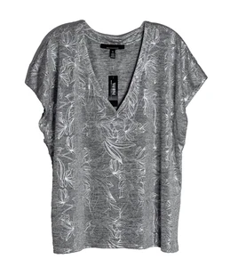 White House Black Market Floral Metallic Short Sleeve Top Tee Women's XL Silver - Picture 1 of 11