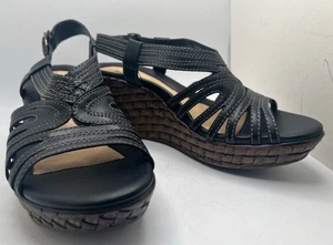 Earth Sandals Women's 7 Black Leather Open Toe Slingback Wedge Shoes - Picture 1 of 8