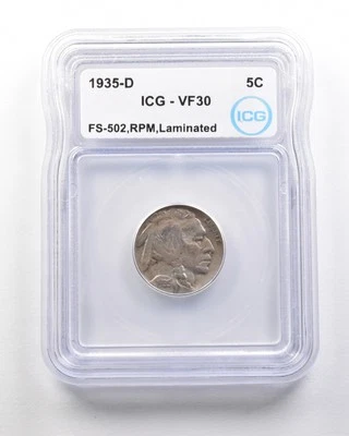 1935-D/S Indian Head Buffalo Nickel Mint Error FS-502 RPM VF30 ICG *1730 - Image 1 of 3