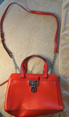 Calvin Klein Red Leather Tote Purse Handbag Silver Chain Lock  - Image 1 of 4