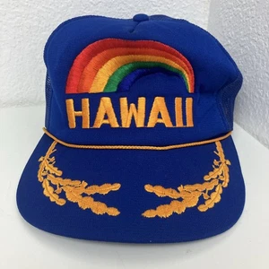 Vintage Hawaii Trucker Hat Rainbow Mesh Snapback Cap Blue Gold Rope Embroidered - Picture 1 of 4