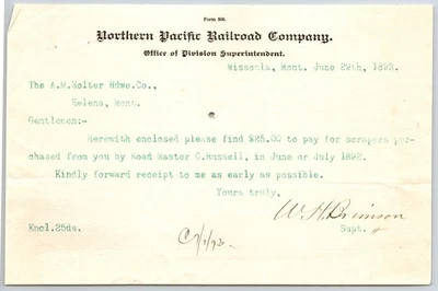 Northern Pacific Railroad Missoula, MT 1893 Holter Hardware* Helena Billhead Foto 1 de 2