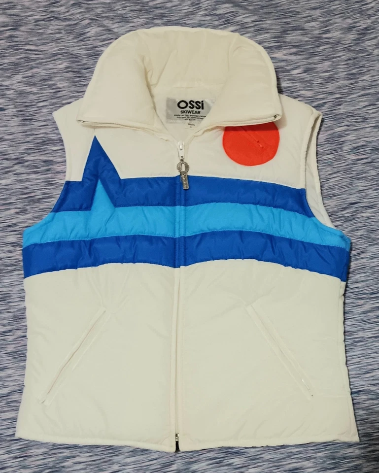 复古 20 世纪 70 年代 Ossi 滑雪服背心 复古 罕见 滑雪 Puffer 二手状况完好 白色/蓝色/橙色  — 第 1/4 张图片