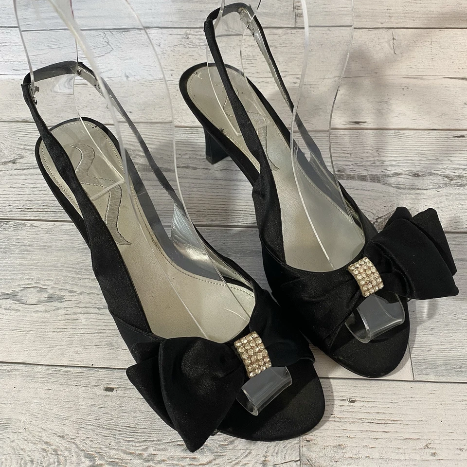 Tacones Nina con cordones para mujer 8,5 M negros satinados estrás lazos punta abierta elegantes Foto 1 de 4