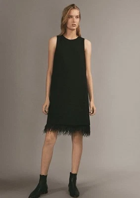 MASSIMO DUTTI Little Black Dress LDB Feathers Size S  - Image 1 of 4