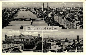 MÜNCHEN Munich 1955 Mehrbild-Karte mit 3 s/w Ansichten Maschinenstempel München - Picture 1 of 2