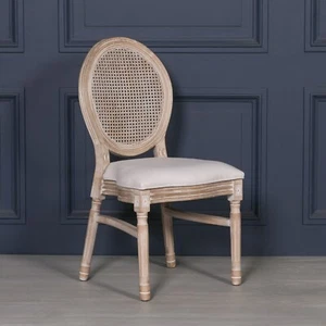 Stackable French Style Light Wooden Dining Chair Linen Upholstery Rattan Back - Picture 1 of 13
