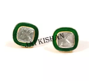 Polki Diamond Green Enamel Design 925 Sterling Silver Stud Earring Women Jewelry - Picture 1 of 9