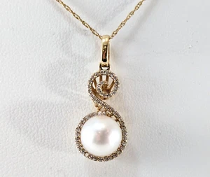14K Gold Perle und ca. 0,25 Ct Diamant Anhänger, 18" Seil Kette, 9mm Perle - Bild 1 von 7