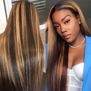 Highlight Wig Brazilian Straight Human Hair Full Wigs Ombre Brown Honey Blonde - Picture 1 of 12