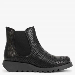 Fly London Salv  Ladies Leather Wedge Chelsea Boots CROCO  Black - Picture 1 of 1
