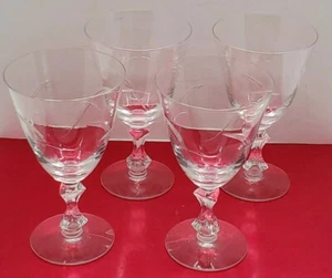 Vtg Etched Wavy Line Crystal Clear Wine Glass Water Goblet Stemware Set of 4 - Picture 1 of 12