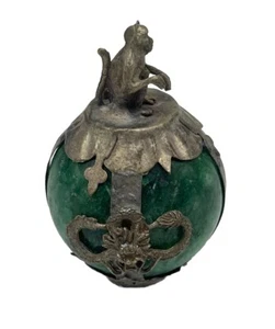 Chinese Tibetan Amulet Buddhism Zodiac Monkey Green Silver Ball Vintage Marked - Picture 1 of 5