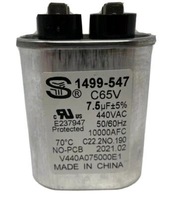 Coleman Sheng Ye C65V-440V AC-7.5µF ±5% Oval Run Capacitor, 1499-547 - image 1 of 3