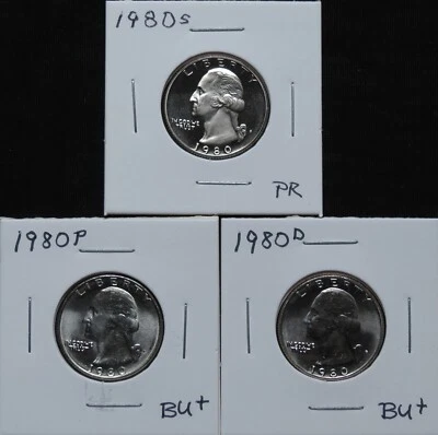 1980P BU+, 1980D BU+, 1980S PR Washington QTS 5A12DPC-1-2-3 - Image 1 of 4