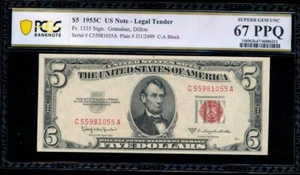 AC 1953C $5 Legal Tender PCGS 67 PPQ Superb Gem Fr 1535 C-A block - Picture 1 of 2