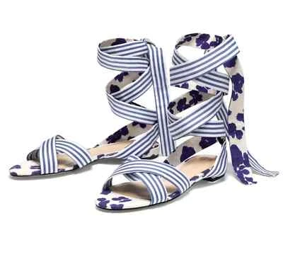 Sandalias Cabi #6013 Acuarela Atadas Zapatos Azul Blanco Rayas Florales Talla 7 Foto 1 de 4