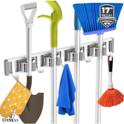 Универсальный настенный держатель для метлы - 4 стойки и 5 крючков для дома и сада - Изображение 1 из 4