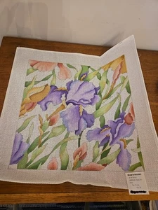 Vintage Handpainted Needlepoint Canvas Blue Purple Iris Wildflower Flower 12" Sq - Picture 1 of 8