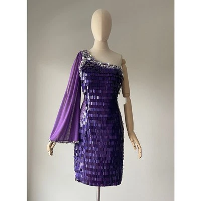 Vestido De Colección Años 90 Púrpura Lentejuelas Cuentas Una Manga Fiesta Cóctel MEDIANO Med M Foto 1 de 4