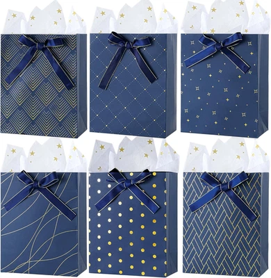 Paquete de 6 bolsas de regalo de papel azul marino de 9" medianas con asas papel de seda estrella dorada f Foto 1 de 4