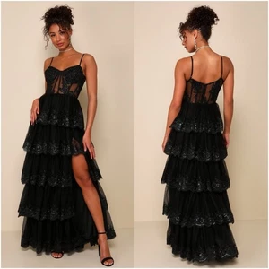 LULU’S Alluring Sensation Black Tulle Embroidered Tiered Maxi Dress - Picture 1 of 4