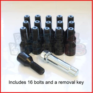 Tuner Wheel Bolts BLACK x 16 M12x1.5 26mm long fits Fiat Punto Evo Grande Punto - Picture 1 of 1
