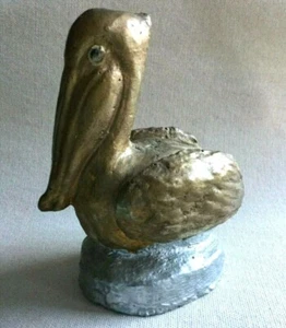Plaster Pelican Figurine Retro Vintage Chalkware - Silver & Gold Finish - 4 1/2" - Picture 1 of 7