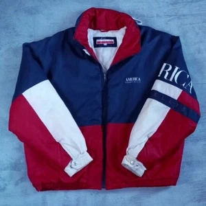 Vintage 90s PERRY ELLIS AMERICA FLAG STYLE COlOUR BLOCK PUFFY JACKET UNISEX - Picture 1 of 12