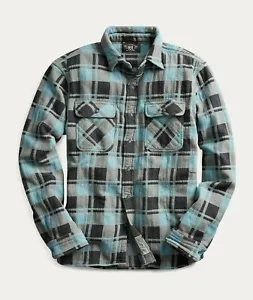 RRL Ralph Lauren Camicia da Lavoro Uomo Plaid Distressed Blu Jacquard Check Media M - Foto 1 di 2