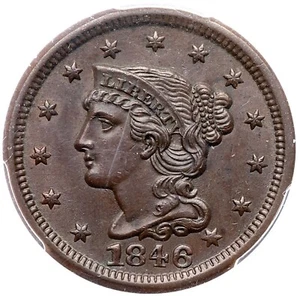1846 N-8 R-1 PCGS MS 62 BN CAC Braided Hair Large Cent Coin 1c - Bild 1 von 2