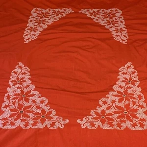 Vtg Tablecloth Embroidered Chicken Scratch Christmas Poinsettia  65 X 52 Red - Picture 1 of 10