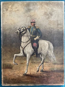 Antique 19th Cty Oil Painting French General on Horseback Folk Art Naive Signed - Picture 1 of 11