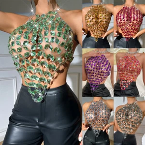 SEXY Backless Vest Chain Tops Women Faux Gemstone Sparkly Cami Party Tank Shirts - Picture 1 of 35