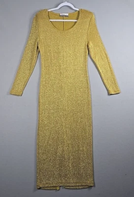 Vtg 1970s Dress Gold Metallic Lurex Party BodyCon Disco Maxi Long Sleeve Womens - Image 1 of 4