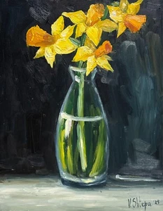 Arte firmado impresionismo al óleo original pintura narcisos flores florecientes 8x10 pulgadas - Imagen 1 de 7