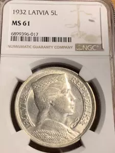 1932 Latvia 5 Lati NGC Graded MS61 SKU# 34755 - Picture 1 of 2