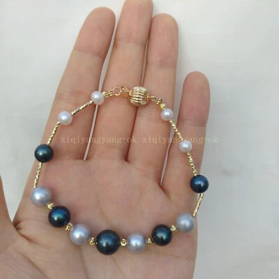 7.5-8" charming white Black Gray south sea natural pearl bracelet 14k Gold P - Image 1 of 4