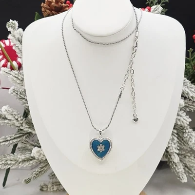 Brighton Teal Heart Locket Necklace Silver Tone Crystal Accent Pendant 30 - Image 1 of 4