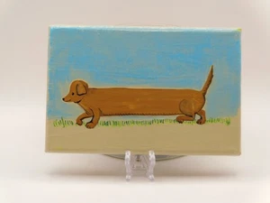 Original Long Dog Painting – Funny Whimsical Canvas Art – Folk Style Dachshund - Picture 1 of 3
