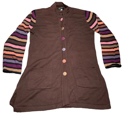 Cárdigan Suéter Bob Mackie Usable Artístico M Marrón Manga a Rayas Botón Delantero Foto 1 de 4