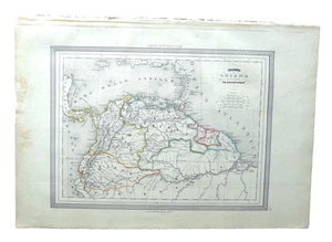1850 ANTICA MAPPA ESPLORAZIONE SUD AMERICA GUYANA E COLOMBIA AMAZZONIA 29X41 - Picture 1 of 3