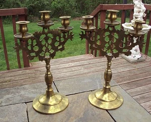 Large Pair Antique Oriental Brass Candlesticks 12 1/2" Tall - Dragons - Picture 1 of 10