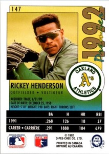 1992 O-Pee-Chee Rickey Henderson #A Oakland Athletics #147