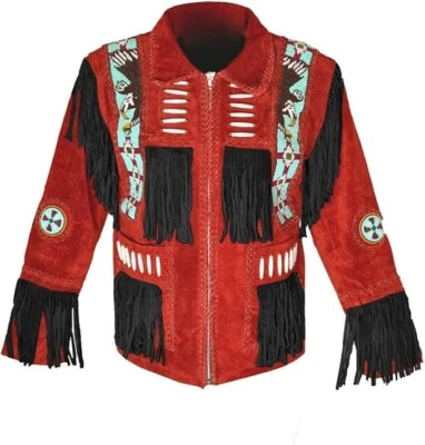 Western Suede Leather Jacket - Red with Black  Redro Style Cowboy Festival Coat - Image 1 of 3