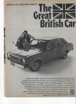 MGB y Midget 1974, Austin Marina, Jaguar XKE, Triumph TR6, Land Rover anuncio impreso Foto 1 de 2