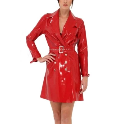 Sexy Lady Turn-down Collar Coat with Belt Shiny PVC Leather Long Sleeve Overcoat - Image 1 of 4