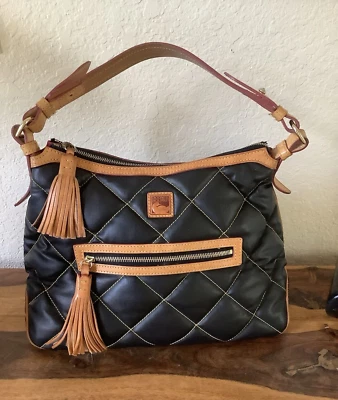 Dooney & Bourke Black Brown Quilted Hobo Shoulder Handbag Vachetta - Image 1 of 4