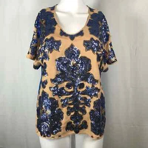 Tracy Reese New York Shirt Damen Gr. S Nude Beige Blau Pailletten Kurzarm - Bild 1 von 10